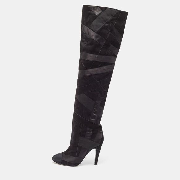 Chanel Black Suede and Grosgrain CC Cap Toe Knee Length Boots Size 39 - Picture 1 of 4
